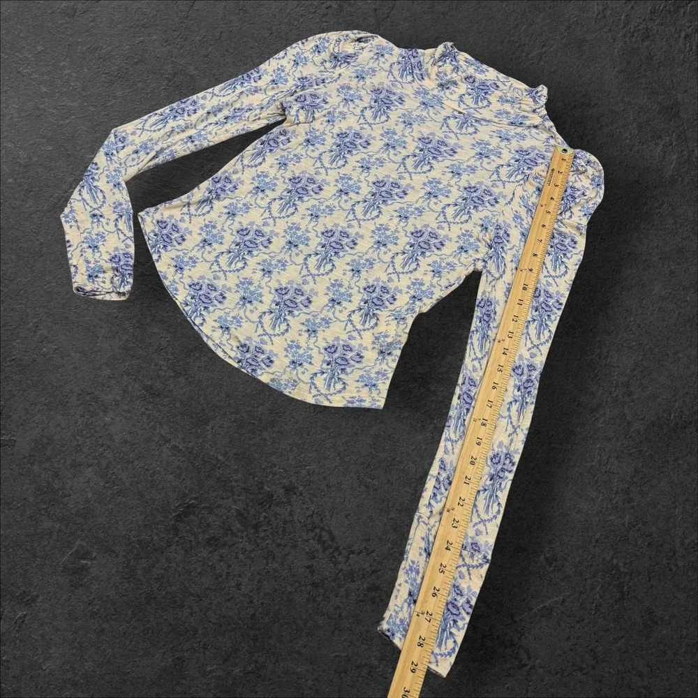 LoveShackFancy Womens Blue Floral Viscose Turtleneck Puff Sleeve Top Size M